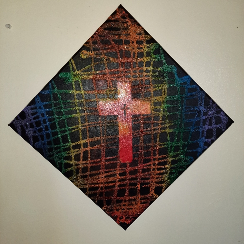 Glittery Sparkly Christian Cross tie dye stencil Painting in Rainbow 🌈